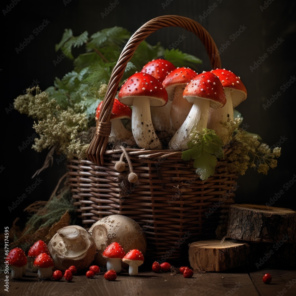 Basket with fly agarics mushrooms