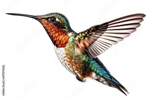Female Ruby-throated Hummingbird in flight isolated on white background