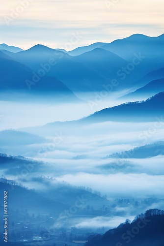 Beautiful landscape of mountains in foggy morning. Beauty in nature.