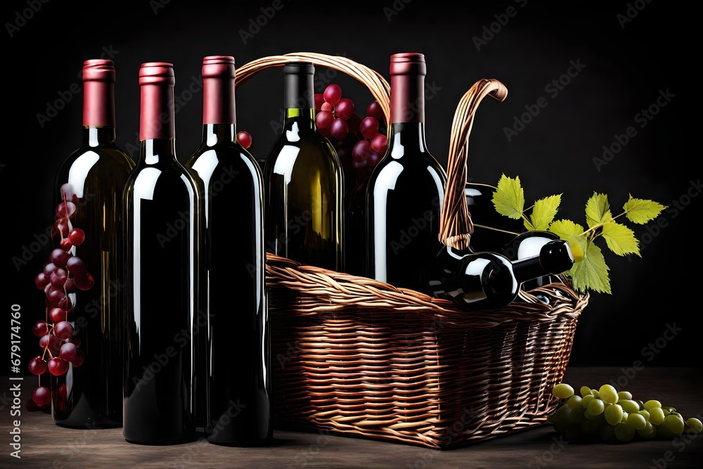 Bottles In Basket On Black Background Bottols On Basket Bottles In Basket On Black Background Bottols On Basket