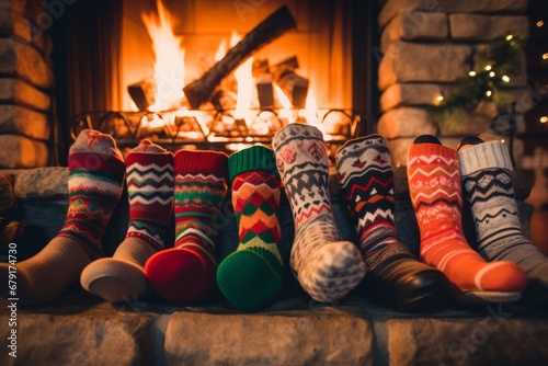 An Intimate Family Moment on Christmas Eve: Feet in Festive Socks Warming by the Hearth