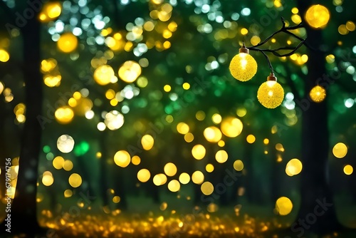 Natural bokeh holiday lights background bright lights green yellow lights of the Christmas tree