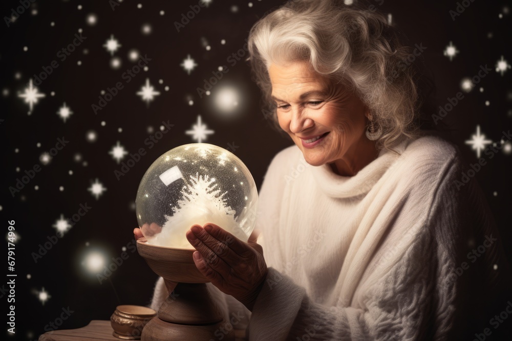 Naklejka premium An enchanting winter scene of an elderly woman gently holding a snow globe in a snowy Christmas studio