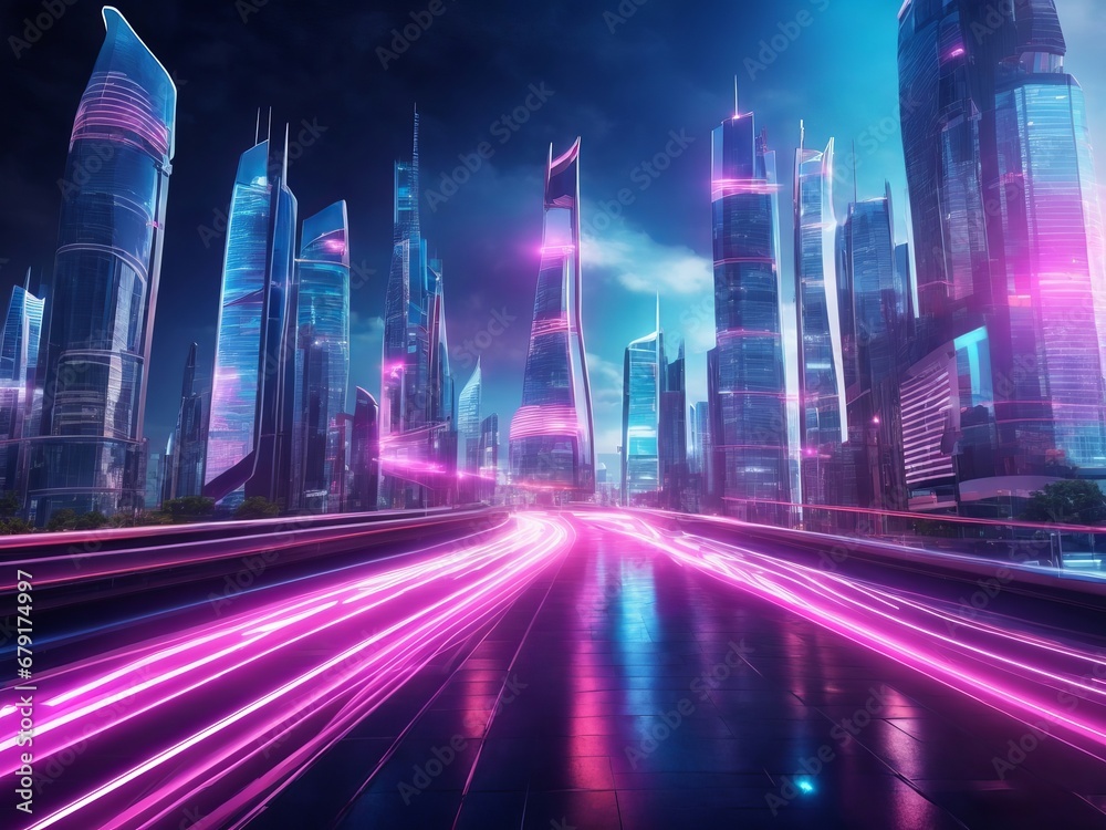 Speed light trails path through smart modern mega city