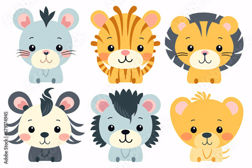 Joyful Safari Animal Faces Vector Set Including Tiger, Lion, Elephant, Giraffe, Zebra, Hippo, Rhino, Monkey