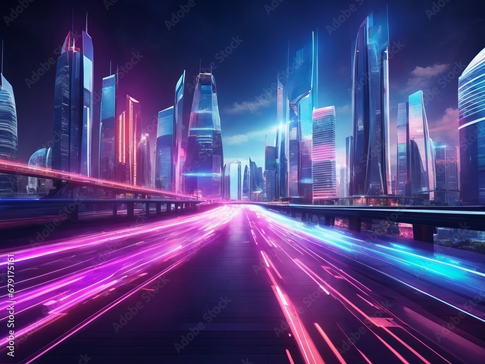 Speed light trails path through smart modern mega city