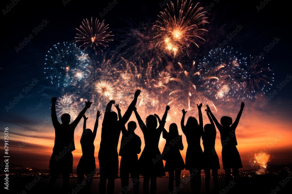 The Joyous Silhouette of a Crowd Against a Stunning Fireworks Display Welcoming the New Year
