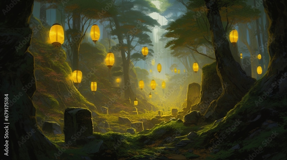 Fototapeta premium Glowing lanterns light a mossy stone path Ai generated art