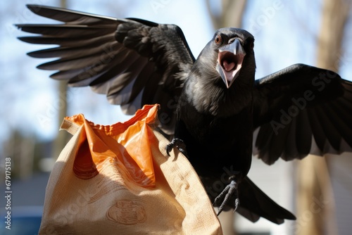 a crow pecking at an open bag of chips photo