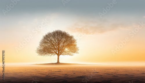 Lonely lush tree in foggy field in the morning ,spring concept #679175702