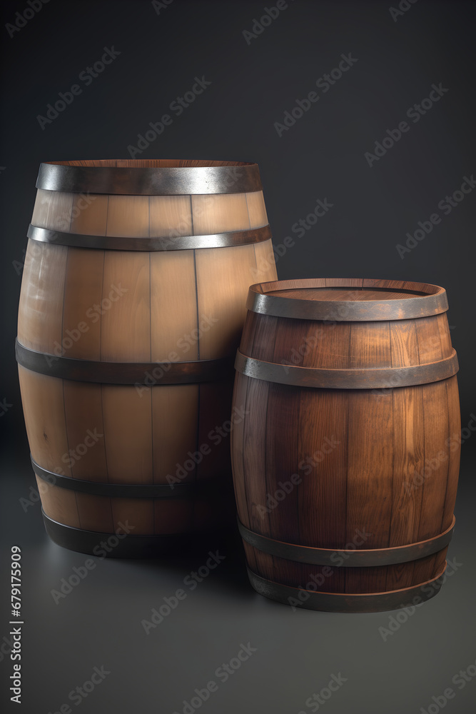 Wooden barrels. Illustration with oak casks. Edited AI illustration. Wooden barrels. Illustration with oak casks. Edited AI illustration.