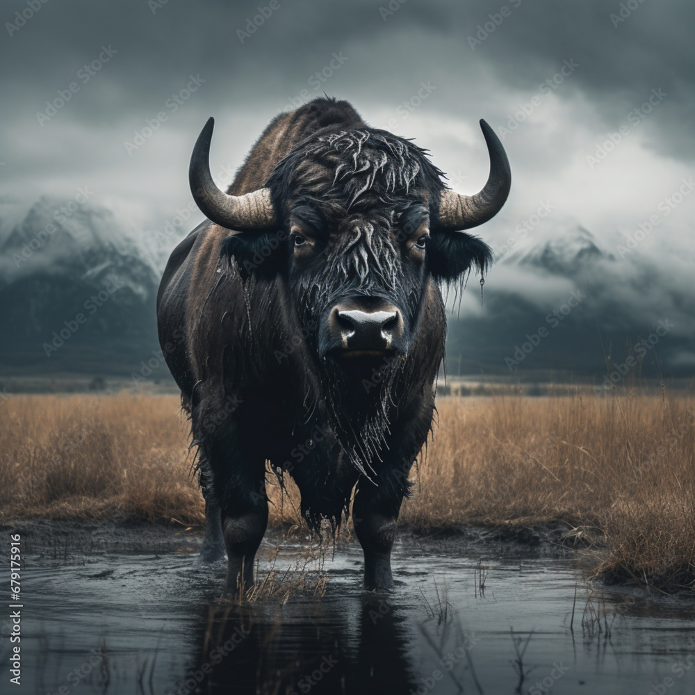 Naklejka premium Fotografia con detalle de imponente bufalo en una charca de agua, con paisaje natural de fondo