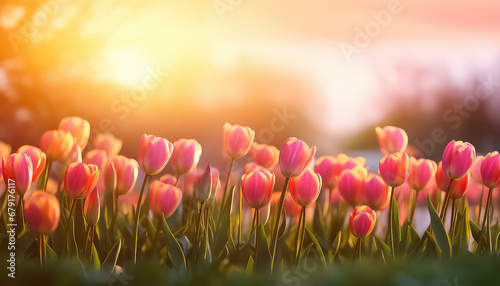 Tulips on the background of sunset in a field ,spring concept