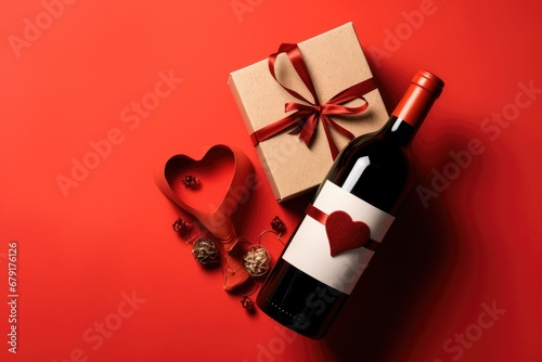 top view,heart box,wine bottle, ribbon, gift valentine day celebration photo