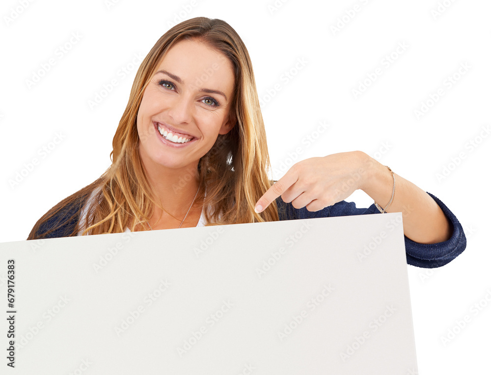 Portrait, woman and pointing to poster for advertising space, promotion or information about us isolated on transparent png background. Presentation, sign board and smile for mockup, news or feedback Portrait, woman and pointing to poster for advertising space, promotion or information about us isolated on transparent png background. Presentation, sign board and smile for mockup, news or feedback
