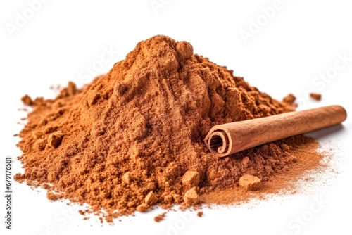 Cinnamon sticks and powder isolated on white background. Close up.