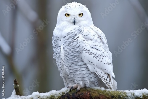 snowy owl perching on a frost-covered branch © Alfazet Chronicles