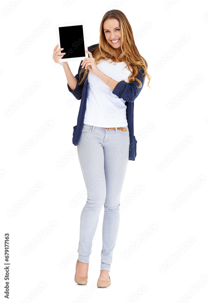 Tablet mockup screen, portrait and happy woman advertising, presentation and show online announcement. Digital website notification, social media app and model isolated on transparent, png background