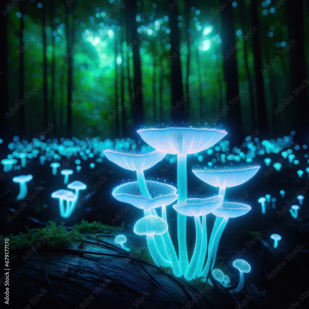 A twilight forest comes alive with the ethereal blue light of bioluminescent mushrooms on a log
