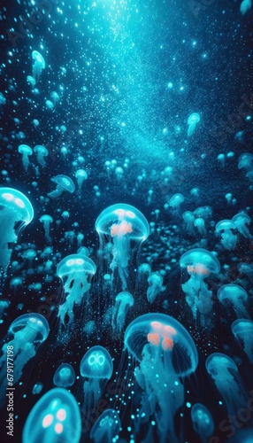 Beautiful underwater view of a swarm of bioluminescent jellyfish floating in deep blue sea