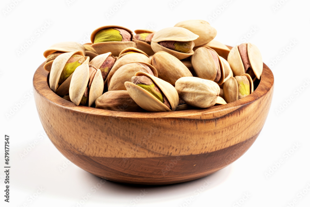 Pistachio nuts in wooden bowl isolated on white background.