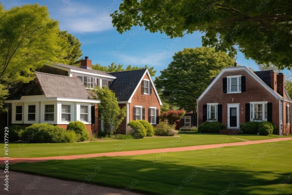 cape cod homes brick facades surrounded by green grass