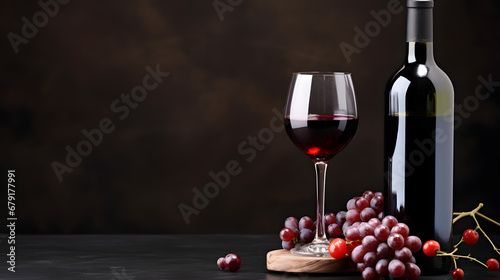 Red Wine Glass and Bottle with Grapes on Wooden Board Against Dark Background