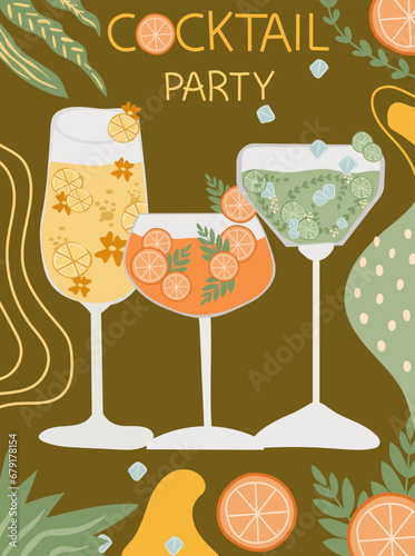 Vector set of assorted cocktails in flat design. Collection includes classic drinks in diverse glasses suitable for menus. Features both non-alcoholic and alcoholic beverages, for holiday celebration