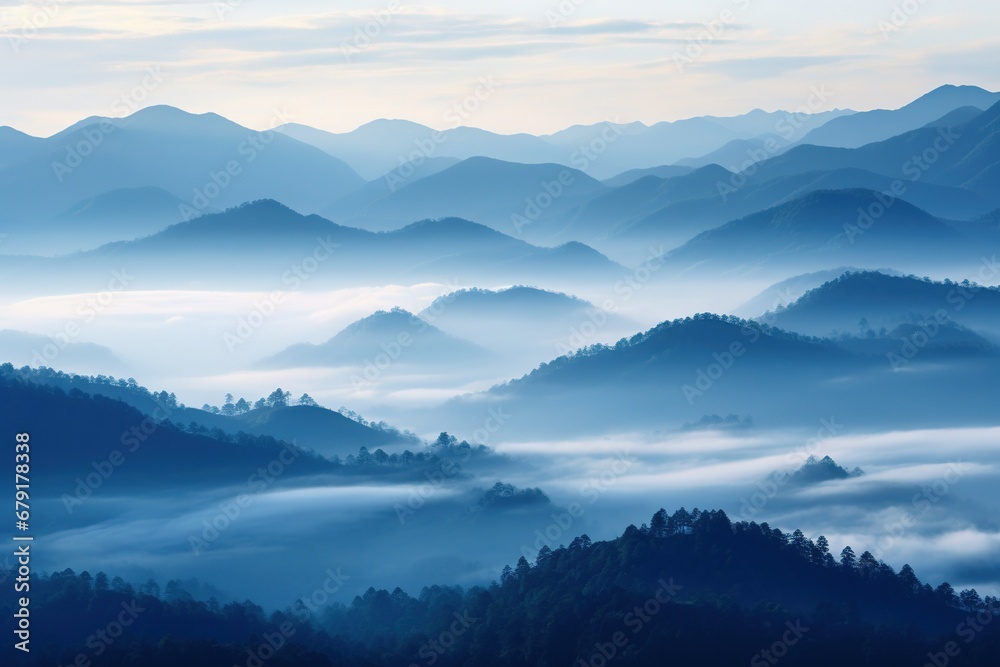 Beautiful landscape of mountains in foggy morning. Beauty in nature.