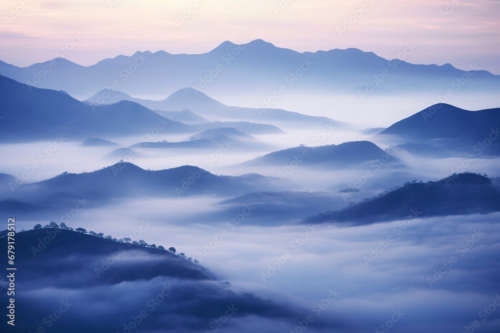 Beautiful landscape of mountains in foggy morning. Beauty in nature.