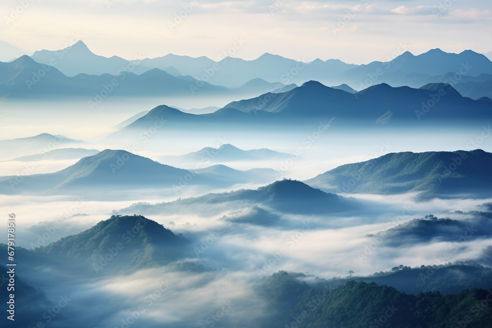 Beautiful landscape of mountains in foggy morning. Beauty in nature.