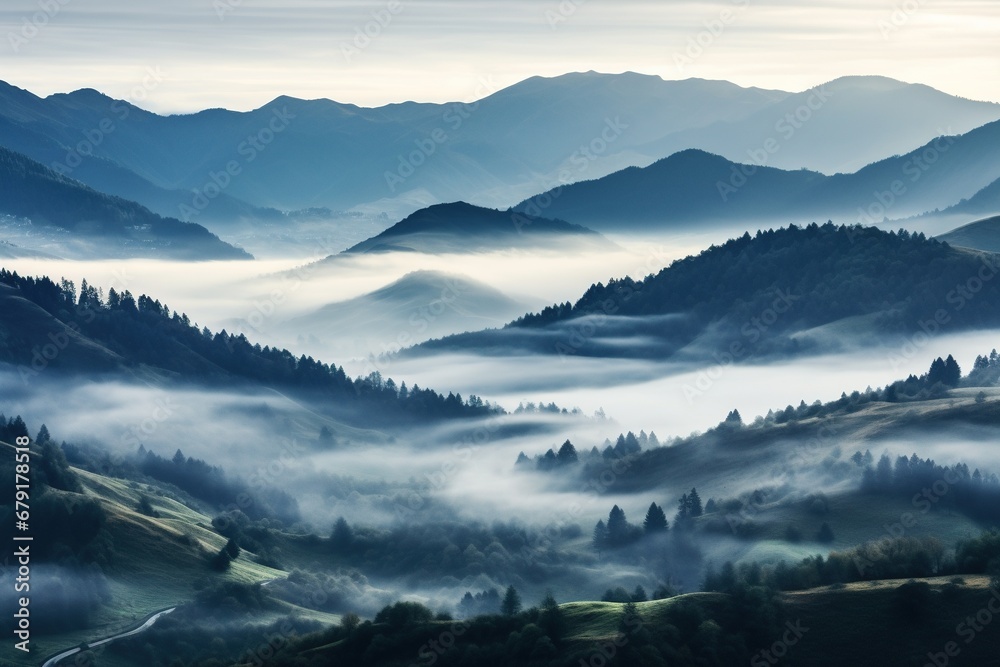 Fototapeta premium Beautiful landscape of mountains in foggy morning. Beauty in nature.