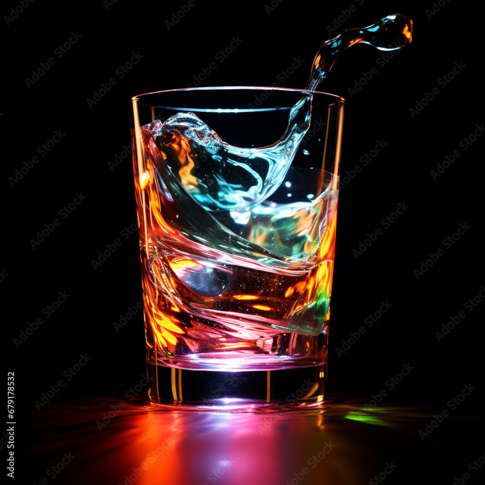 Fotografia con detalle de vaso de cristal con liquido en movimiento y reflejos de luces de colores, sobre fondo de color negro Fotografia con detalle de vaso de cristal con liquido en movimiento y reflejos de luces de colores, sobre fondo de color negro