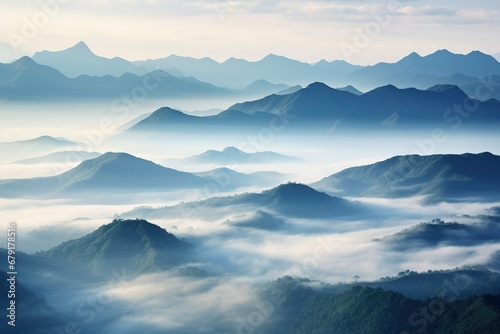 Beautiful landscape of mountains in foggy morning. Beauty in nature.