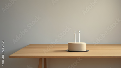 Birthday cake in minimalist Scandinavian authentic room interior with copy space on empty wall. 