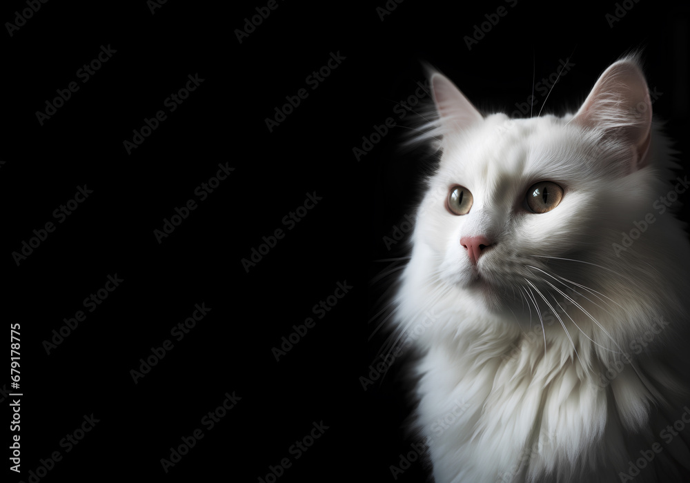Portrait of white fluffy cat on a black background with copy space