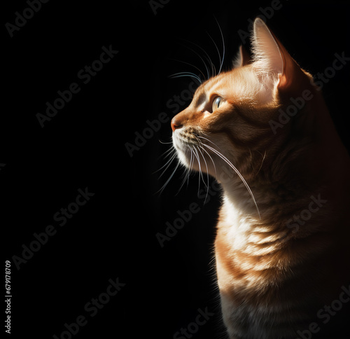 Portrait of red stripped cat on a black background with copy space