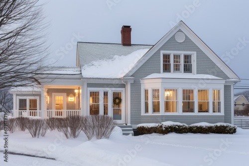 cape cod architecture with side gable roof in a snowy landscape photo