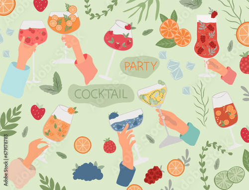 Friends with an array of classic cocktails. Assorted drinks like Mojito, Mimosa, and Aperol Spritz in varied glassware. Alcoholic refreshments perfect for menu display, posters and web banners.Vector