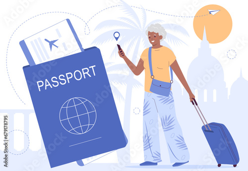 Active older african american woman traveling. Gray-haired woman holding luggage. Elderly people traveling concept. Passport and plane tickets.