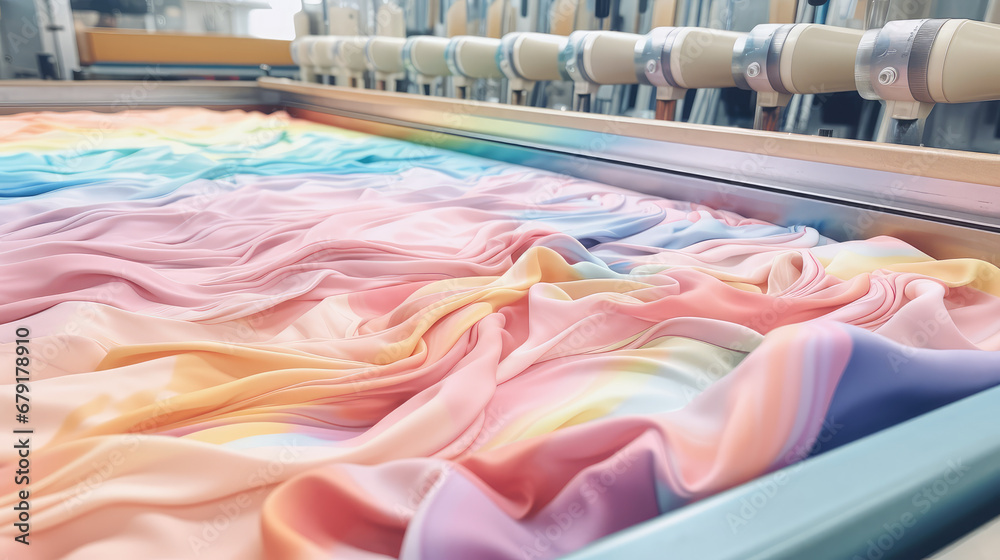 Fabric production, weaving factory, sewing automation, pink fabric and