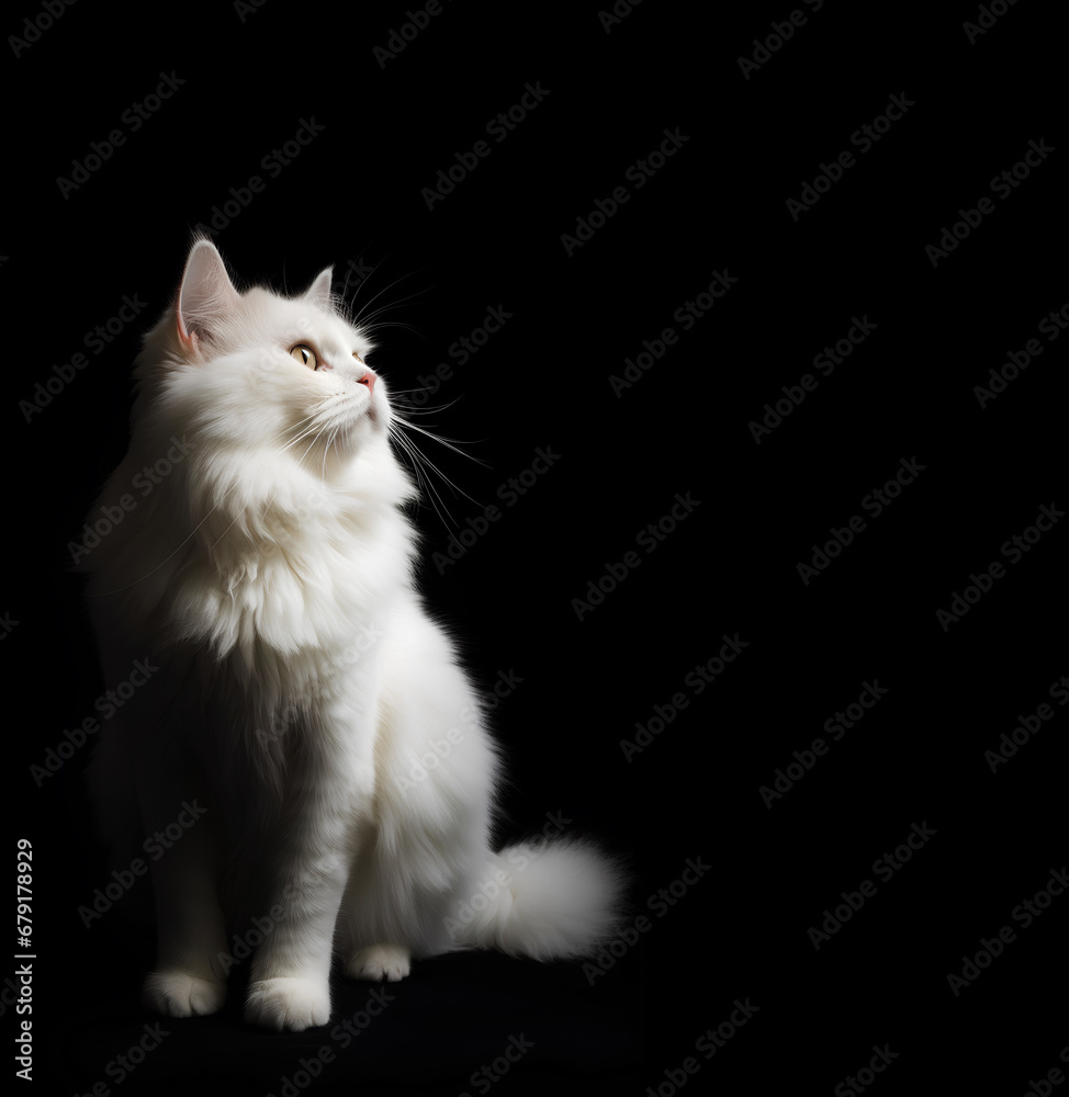 Closeup of white fluffy cat looking up on a black background with copy space