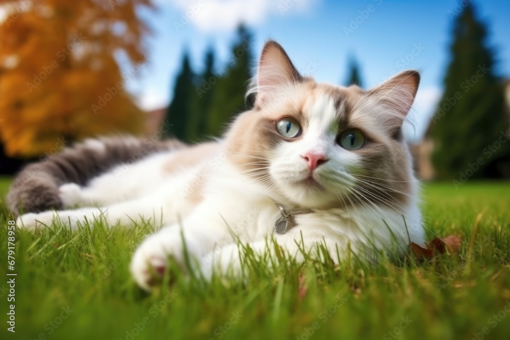 bicolor ragdoll cat sprawled on a green grass lawn