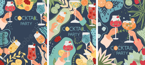 Banner with various cocktails. The collection includes classic alcoholic and non-alcoholic drinks in a variety of glasses suitable for menus and various celebrations.Vector. photo