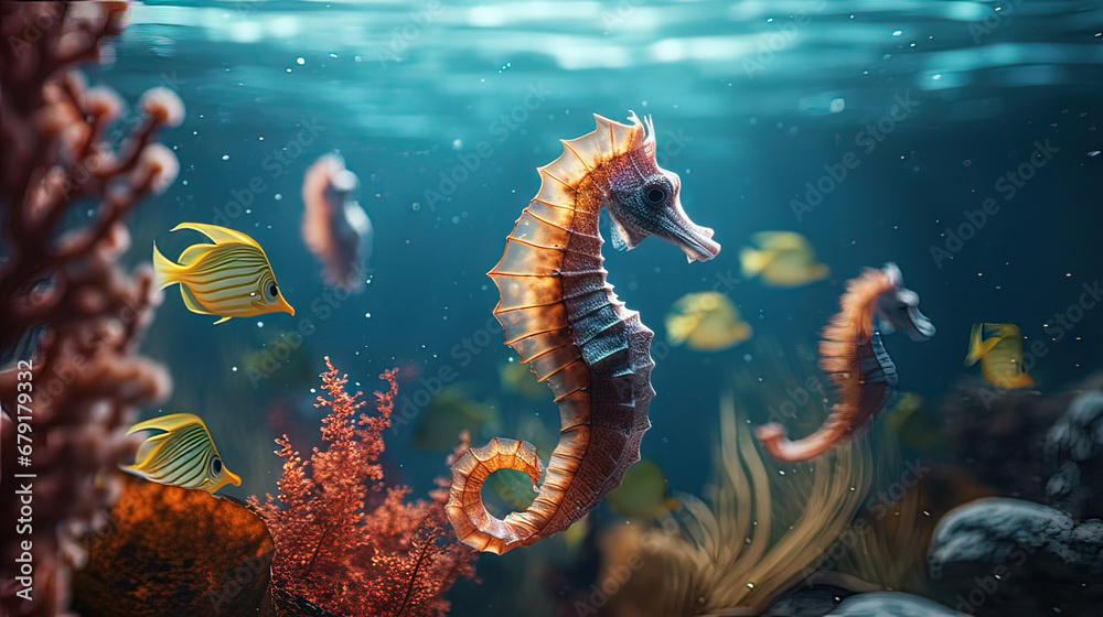 Horizontal AI photo of a several seahorses in the ocean. Marine animals concept. Horizontal AI photo of a several seahorses in the ocean. Marine animals concept.