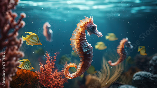 Horizontal AI photo of a several seahorses in the ocean. Marine animals concept.