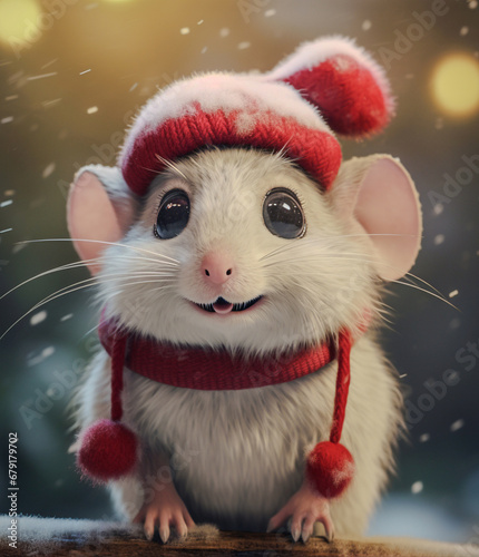 Mała biała, uśmiechnięta mysz w czapce i szaliku. Zimowa atmosferę, padający śnieg.