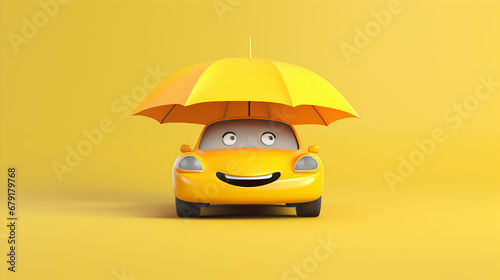 Cute funny yellow car under an umbrella. Car insurance and protection concept. Yellow background.