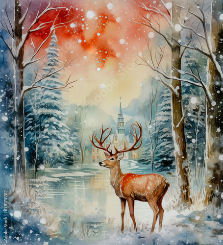 Fototapeta Zimowy pejzaż namalowany farbą akwarelową. Widok na jelenia stojącego w lesie.