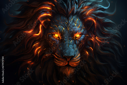 Fire lion artwork on dark background wallpaper